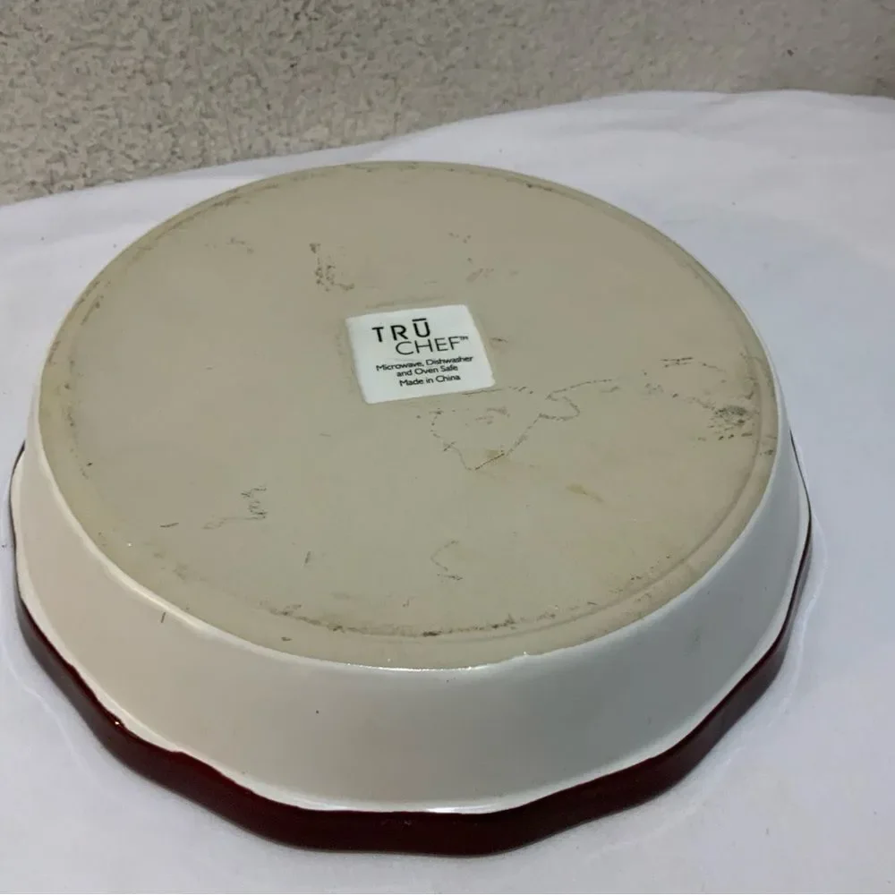 Tru Chef Stoneware Round Baking Dish 9.5” Scalloped Red USA